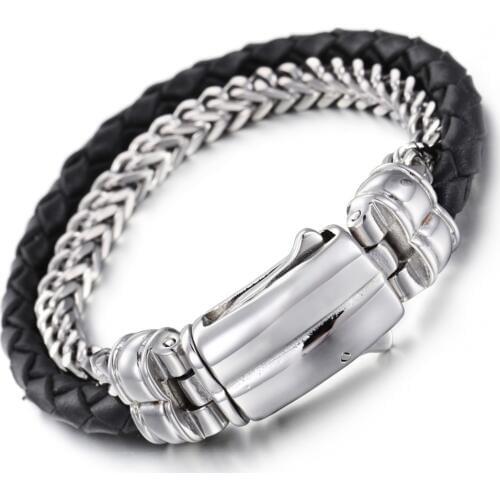 15mm Cool Black Leather Wristband Stainless Steel Silver Color Figaro Chain Mens Bracelet Bangle 8.26inch High Quality New Gift
