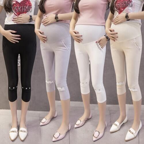 4 Colors Summer Maternity Capri PocketCotton Belly Skinny Middle Leggings for Pregnancy Women Belly Elastic Prenant Pants Lace