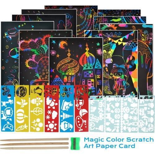 50/100pcs Multiple DIY Art Painting Toy Magic Color Rainbow Scratch Art Paper Card Set with Graffiti Stencil for Drawing Stick