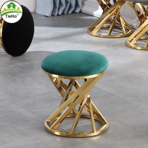TieHo Creative Velvet Hallway Ottoman Stool Modern Living Room Small Bench Stool Pouf Sofa Dressing Chairs Stainless Steel Gold