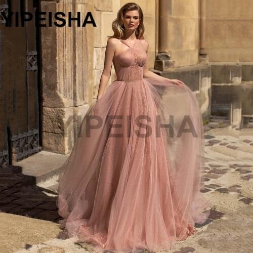 Halter Neck Backless A-Line Glittery Evening Dresses Sleeveless Sweep Train Simple Sequin Prom Gown vestidos de fiesta платье