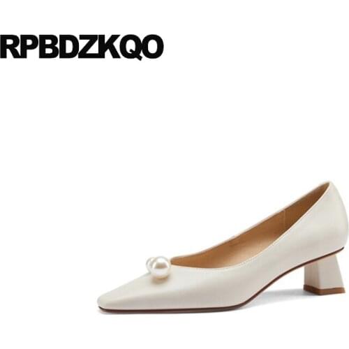 Block Bridal Special Beige Square Toe Designer Heels Women Luxury 2021 Party Girls Pearl Shoes Pumps Low High Bridesmaid Suede