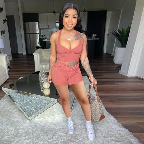 Sexy Sportswear Solid Ruched Short 2 Piece Outfits Casual Sling Vest Crop Top + Biker Shorts Slim Two Piece Set Matching Set