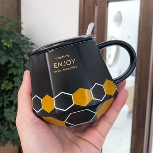 Mug Nordic Style Creative Polygonal Ceramic Cup Simple Personality Mug With Lid Spoon Couple Coffee Cup Milk Cup B200108