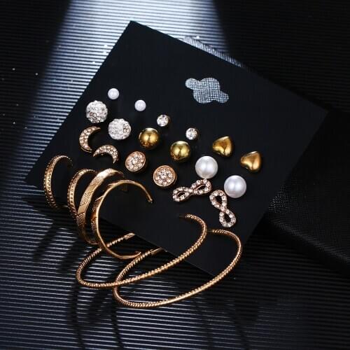 12 Pair/set Fashion Big Circle Earrings for Women Mixed Rhinestone Crystal Pearl Earrings Triangle Star Moon Brincos
