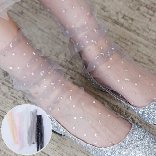 Women Fashion Glitter Mesh Ankle High Hosiery Unique Design Lace Star Moon Sequins Sock Transparent Creative Thin Short Sock