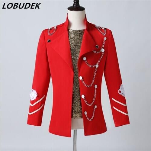 New Mens Stand Collar Chain Button Red Blazer Bar Nightclub Punk Singer Guest Stage Show Costume Evening Party Host Slim Blazer