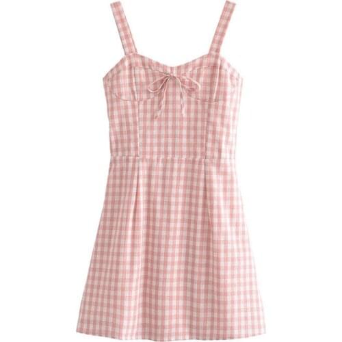 Europe and the United States 2021 summer new French retro plaid tie bow sexy strap dress DLqz2219