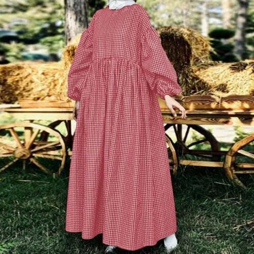 ZANZEA Women Muslim Fashion 2021 Morocco Kaftan Dresses Long Puff Sleeve Sundress Ladies Plaid Long Maxi Shirt Dress abaya dubai