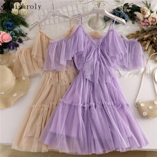 Sexy Backless Slash Neck Mesh Spaghetti Strap Dress 2021 Summer Women Tie Bow Ruffle Lace Camisole Dresses Lady Long Party Dress