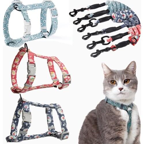 Cat Vest Harness and Leash Set Escape Proof Nylon Floral Walking Harness Leash for Cats Adjuctable Japanese Style Harnais Chat