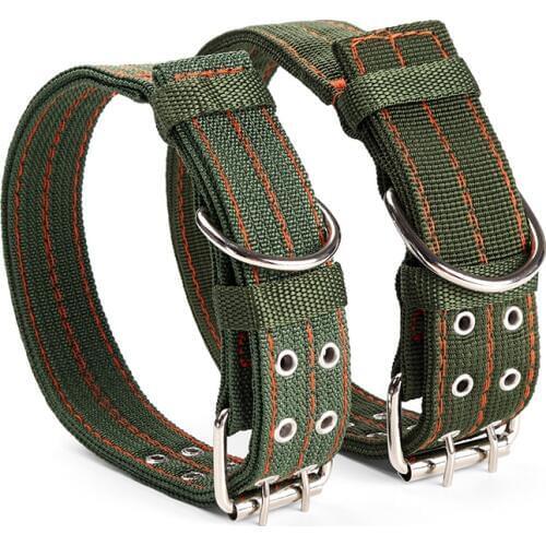 L/XL Strong Canvas Nylon Dog Collar Army Green Double Row Adjustable Buckle Pet Collar For Medium Large Dogs
