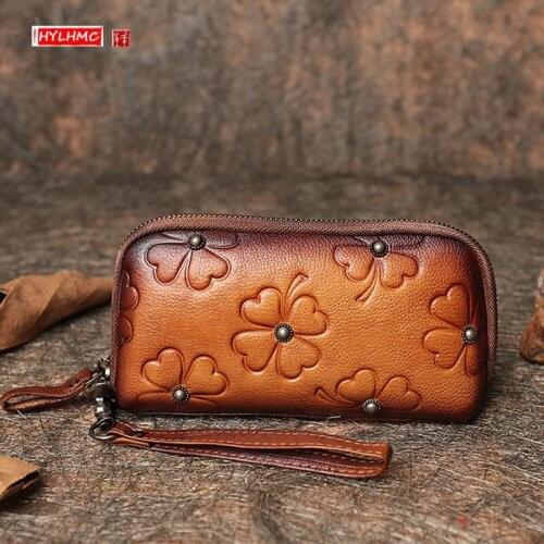 Vintage Long Zipper Suede Leather Women Wallet Hand-painted Rivet Clutch Bags Genuine Leather Card Holder Wallet Original Female