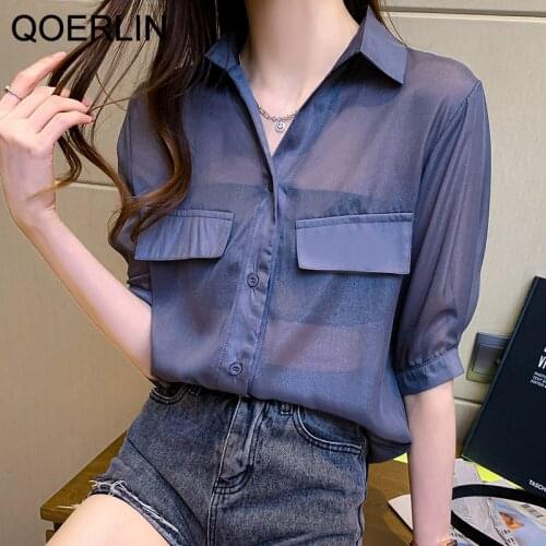 Fake Pocket See Through Black Shirts Women Summer Short Sleeve Chiffon Shirt Ladies Sexy Transparent Top Loose Casual Streetwear