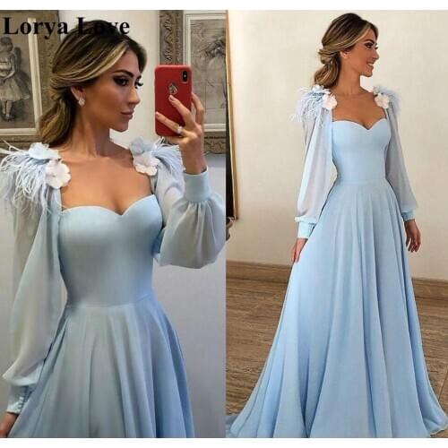 Light Blue Prom Dresses 2020 New Women Party Night Long Sleeves Chiffon Long Prom Gowns For Wedding Party Elegant Robe De Soiree