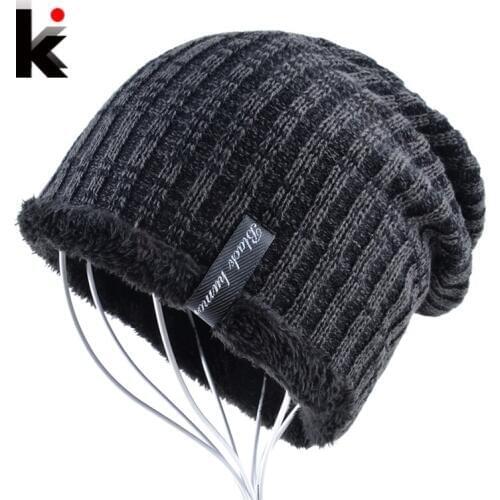 Winter beanie men hat water ripples stocking cap mens skullies knitted hats plus velvet thicker bonnet beanies for men gorro