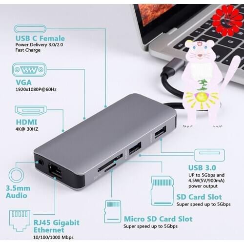 9 in 1 type-c hub docking station HDMI+VGA+USB3.0+network port+PD+earphone reader hub for MacBook Samsung Huawei USB-C Converter