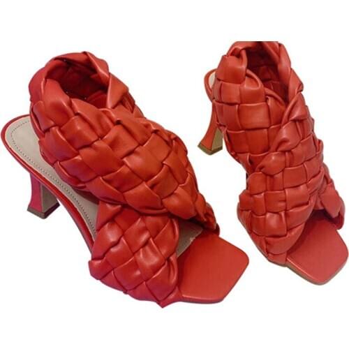 ARQA Stylish Summer Womens Fashion Sandals Quality PU Woven Upper Crossed Band Thin High Heels Square Toe Pleated Ladies Shoes