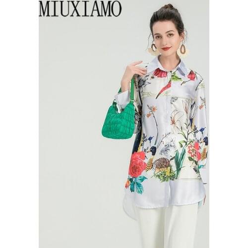 2021 New Summer Fashion Turn-Down Collar Floral Printing Asymmetry Chiffon Loose Blouse Elegant Office Lady Style
