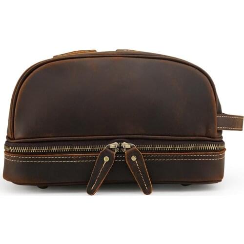 Tiding Mens Cow Leather Large Travel Wash Bag Cosmetic Bag Clutch Purse Pouch Wrist Handbag Zipper Wallet Brown Unisex 8814