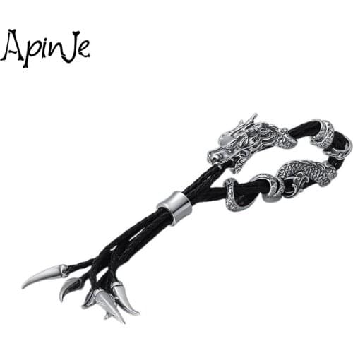 Apinje S925 Sterling Silver Bracelet Men Leather Cord Adjustable Animal Dragon Bracelet Hip Hop Rock Jewelry