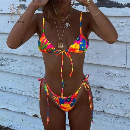 Peachtan Brazilian bikini 2021 Print swimwear female Triangle string swimsuit women Micro high cut bathing suit Sexy swim suit