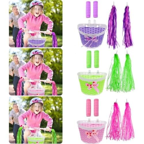 4PCS Childrens Bicycle Handlebar Woven Basket Set PE Non-toxic Bicycle Handlebar Tassel Scooter Ribbon Bicycle Accessories #W