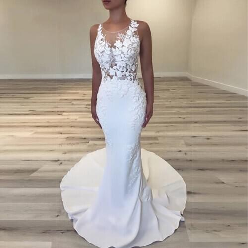 Elegant Modern Mermaid Wedding Dress Appliques Satin Sheer Neck Bridal Gowns Sweep Train Sleeveless Plus Size Wedding Dresses
