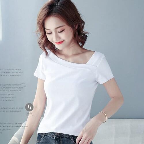 Women Soft Cotton T-shirt Skew Collar Solid color Lady Tees Short Sleeve Summer Womens clothings All match Female T-shirts