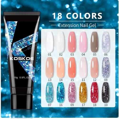KOSKOE Nail Extension Gel 15ml Glitter Nail UV Building Gel 18 Colors Semi Permanent Soak Off Nail Art Tip Quick Extension