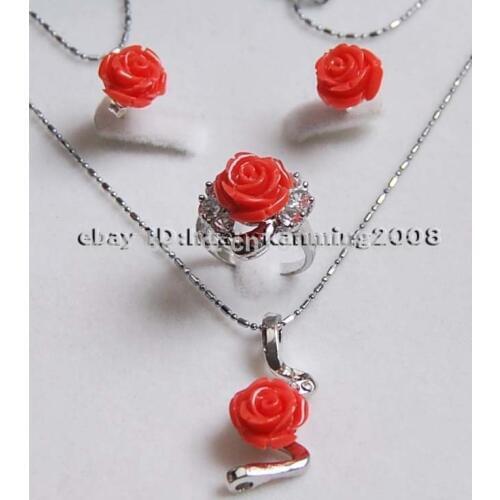 Hot sale FREE shipping>>>>12MM Hand Carved Pink Coral Flower Earrings /Ring /Necklace Pendant Set