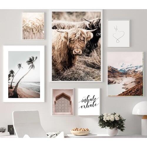 Highland Cow Reed Landscape Wall Art Canvas Painting Nordic Line Body Posters And Prints Wall Pictures For Living Room Decor