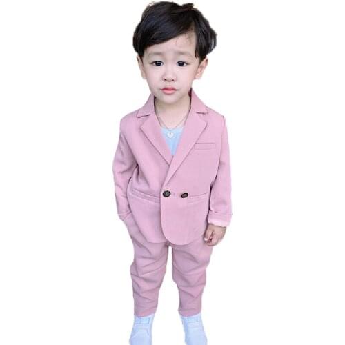 Flower Boys Pink Jacket+Pants 2Pcs Clothing Set Gentleman Kids Formal Wedding Suit Childrens Day Performance Graduation Dress