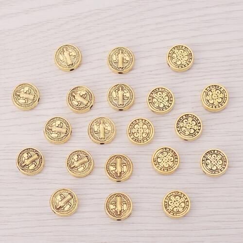30 x Antique Gold Saint Benedict Medal Cross Crucifix Metal Round Spacer Beads Charms For DIY Jewelry Making Accessories 10mm