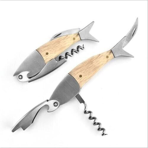Fish Shaped Stainless Steel Multi-function Wine Opener Solid Wood Wine Screw Corkscrew Beer Bottle Openers Bar Tools