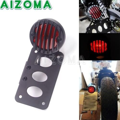 Moto Grille Cafe Racer Side Mount Stop Tail Light 12V Motorcycle Brake Rear Lamp Taillight W/ License Number Plate Bracket