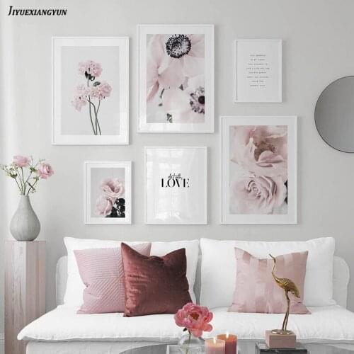 Pink Seascape Girl Pink Flower Wall Art Canvas Painting Nordic Posters and Prints Wall Pictures for Home Decor