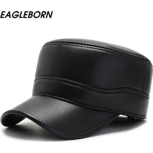 2021 New Men Winter Military Cap PU Leather Men Cap Solid Flat Cap Hat Winter Cap Casquette Gorras Para Hombre Mens Trucker Cap
