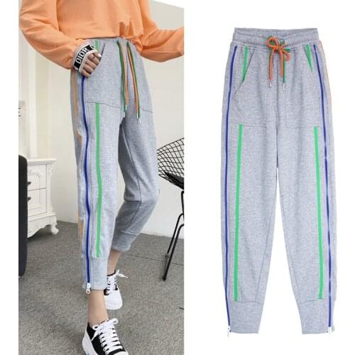 New Sweatpants Women Striped Baggy Harem Pants Harajuku Joggers Side Zipper Sports Pants Korean Style Casual Trousers Plus Size
