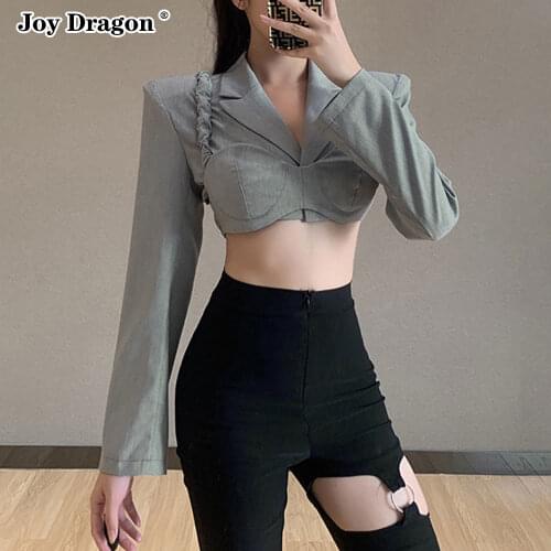 Autumn Women Long Sleeve Crop Tops Solid Color Lapel Collar Camisole Blazer Suits Two-piece Set Shoulder Pads Short Club Casual