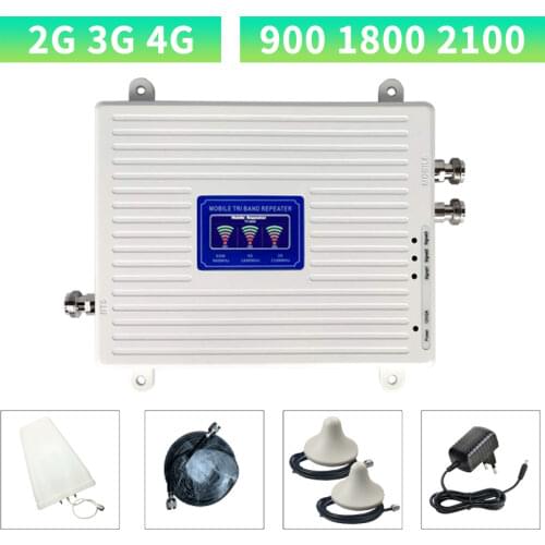 Cellular Repeater GSM DCS WCDMA 900 1800 2100 Tri Band 2G 3G 4G Signal Booster Mobile Signal Amplifier 2 Indoor Antennas Set