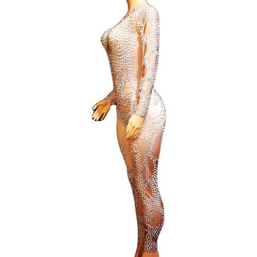 Sparkling Rhinestones Pearl Pattern Printing Jumpsuit Long Sleeve Backless Bodycon Party Evening Costume Nightclub Dance Wear