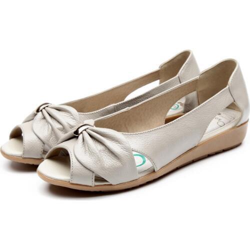 Summer Women Shoes Woman Fashion Genuine Leather Slip On Peep Toe Hollow Casual Platform Wedges Plus Size Flats Shoes