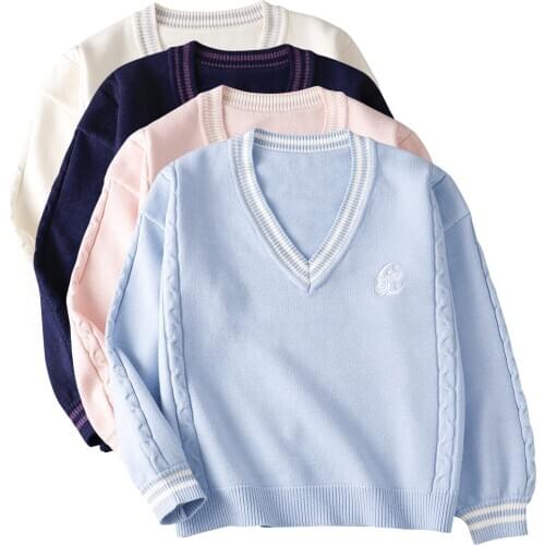 [Yue Sui Zhong] Autumn Winter Long Sleeve Knit Tops Pullovers V Neck Sweaters For JK School Uniform Student Clothes
