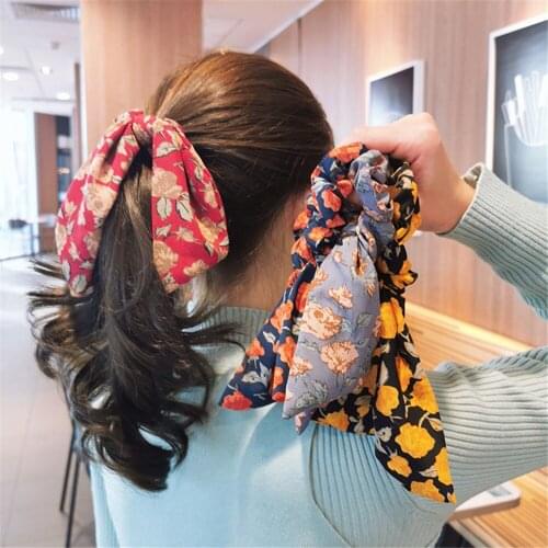 Women Flower Print Ribbon Elastic Hair Rope Bow Scrunchies Head bands Ponytail Holder Girls Decorate Hair Accessories Hair Tie
