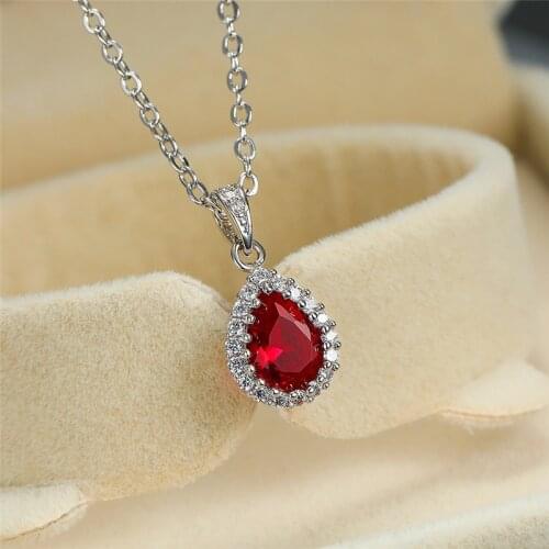 Vintage Female Red Green Pendant Necklace rose gold color Crystal Stone Necklaces For Women Dainty Water Drop Wedding Necklace
