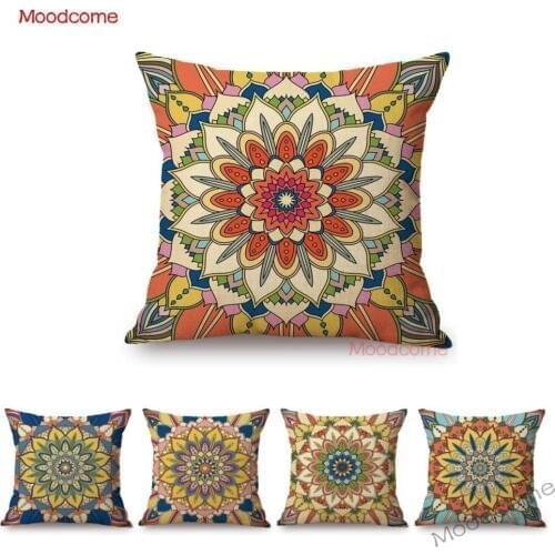 18" Square Hot Sale Geometric Floral Pattern Buddhism Art Mandala Sofa Decoration Throw Pillow Case Cotton Linen Cushion Cover
