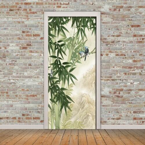 3D Hand Drawn Bamboo Forest Bird Door Sticker Wallpaper Living Room Bedroom Door Wall Sticker Mural Decals For Home Decor Poster