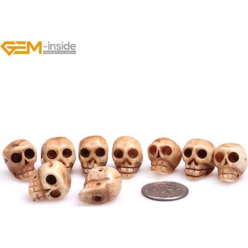 Gem-inside 15x19mm Natural Carved Antique Bone Skull Beads For Halloween Jewelry Making Decoration Sphere Bulk 9pcs DIY