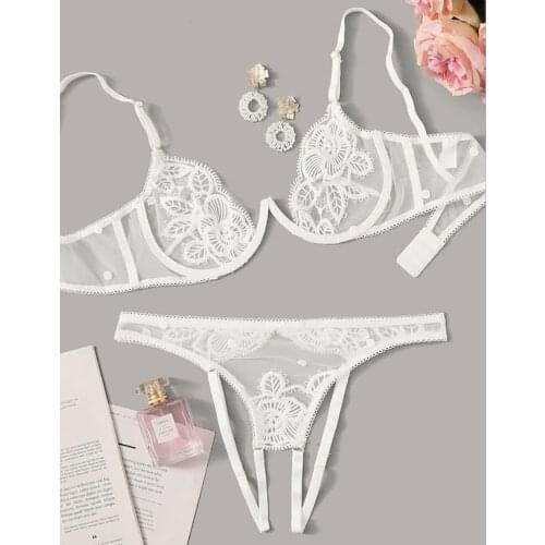 Sensual Lingerie Woman Sexy Underwear Set Corset Bra Crotchless Thong Womens Clothing Transparent Lace Floral Exotic Sets